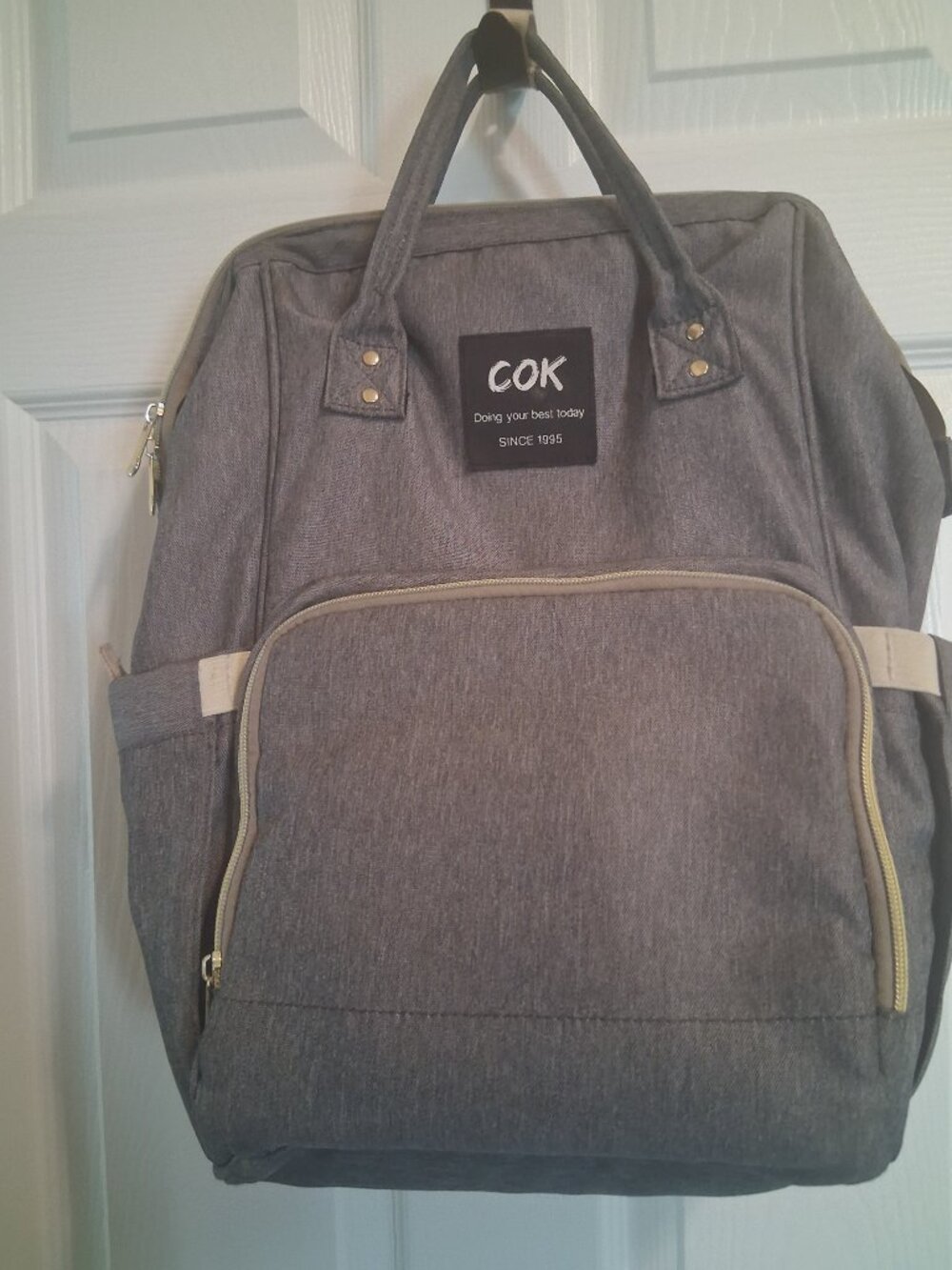 COK Backpack | Grey and Beige Fabric | With Charger